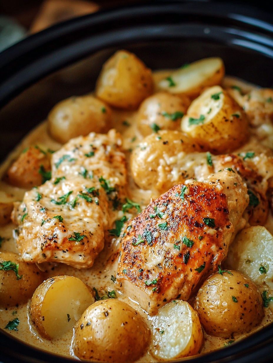 A close up of a crockpot filled with garlic parmesan chicken and potatoes.