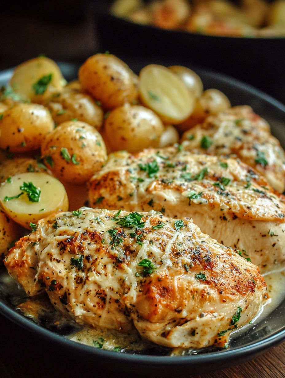A plate of chicken and potatoes.