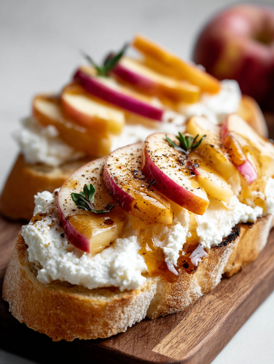 A crostini with a slice of apple and ricotta cheese.