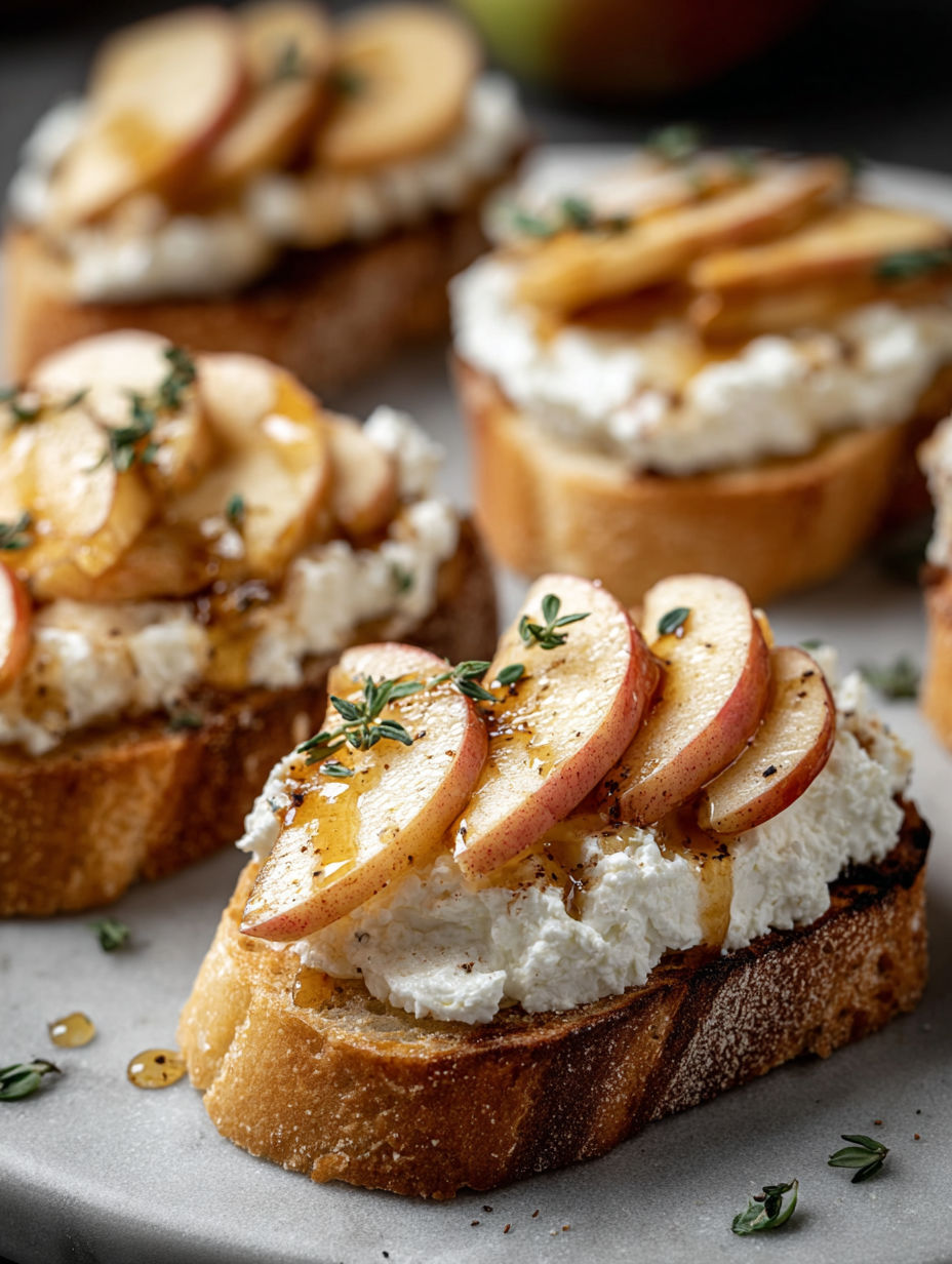 Caramelized apple and ricotta crostini.