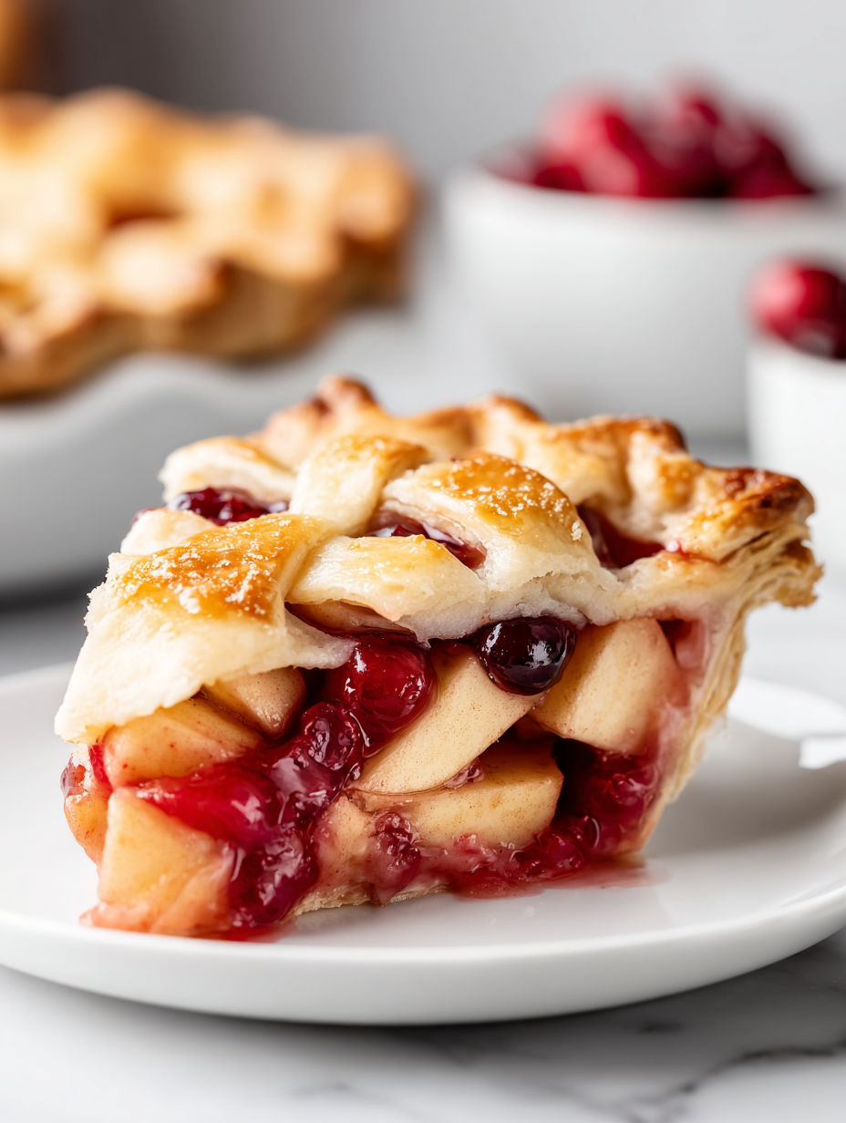 A slice of apple cranberry pie.