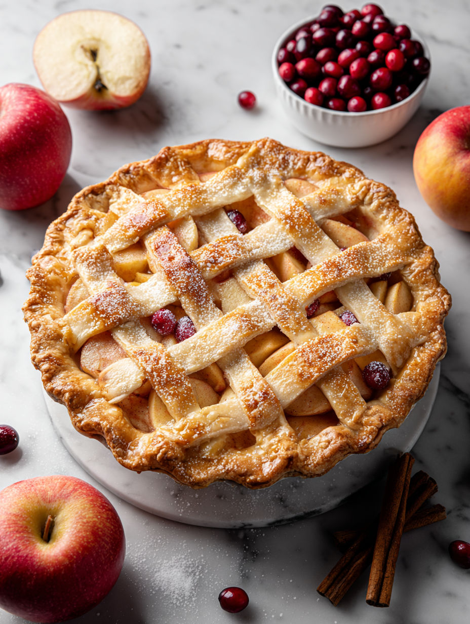 A pie with a lattice crust and a filling of apples and cranberries.