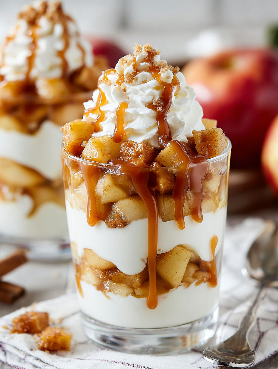 A glass of caramel apple trifle.