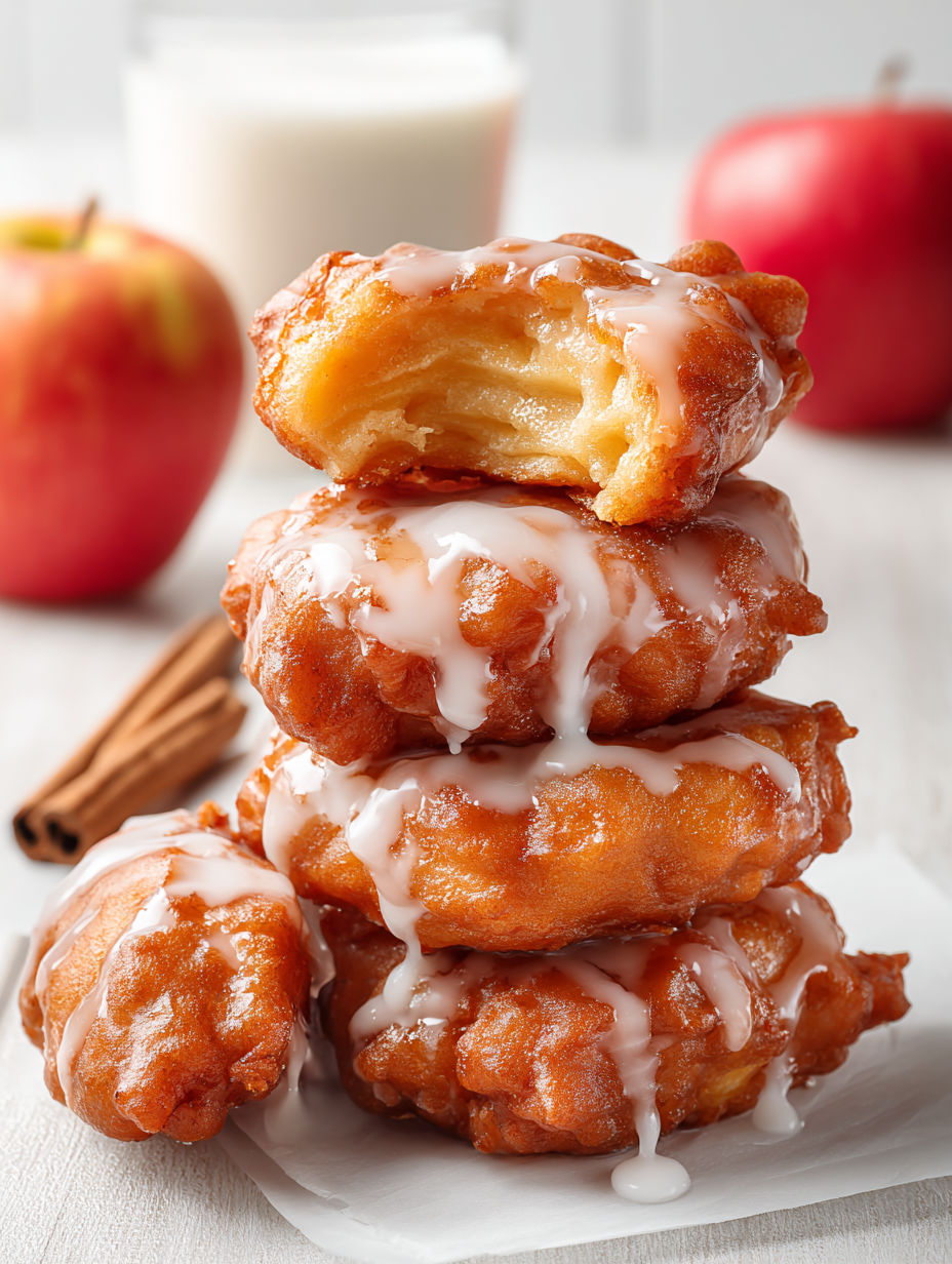 Glazed apple fritters stacked on a table.