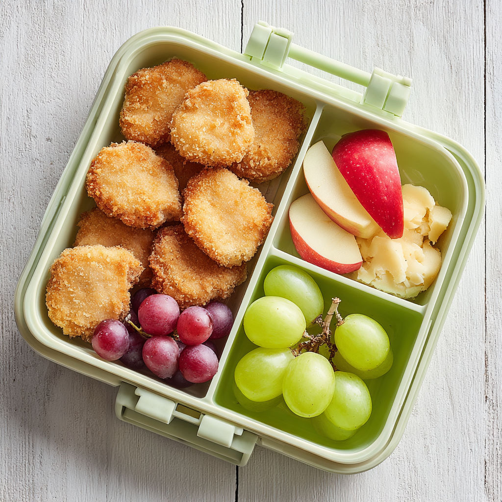 A green lunch box with chicken nuggets and fruit.