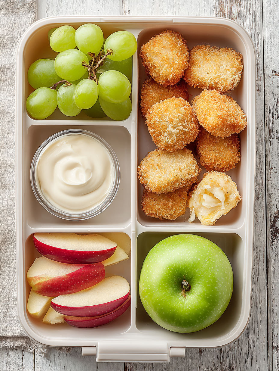 A bento box with a variety of food items including grapes, apples, chicken nuggets, and a dip.