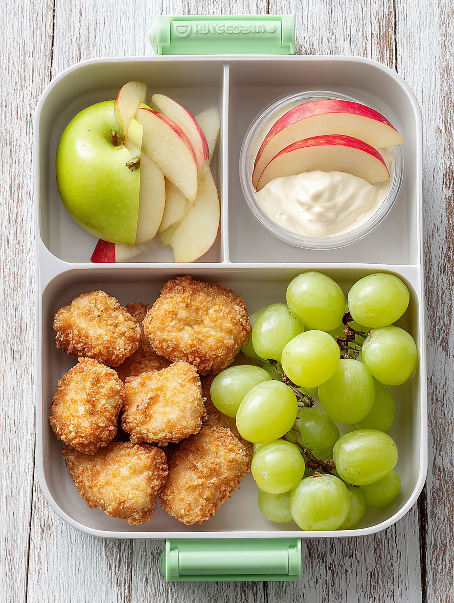A bento box with chicken nuggets and grapes.