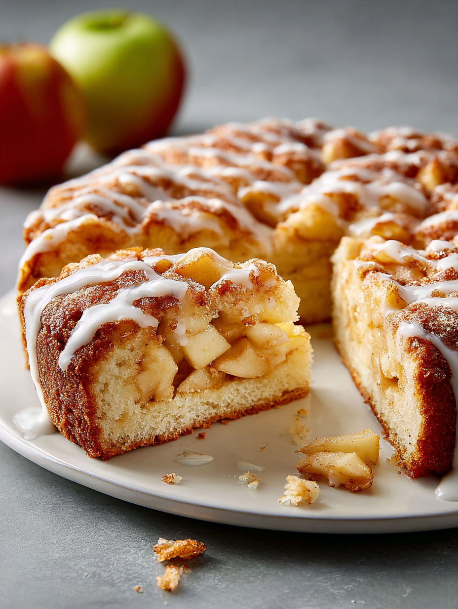 A slice of apple coffee cake with vanilla glaze.