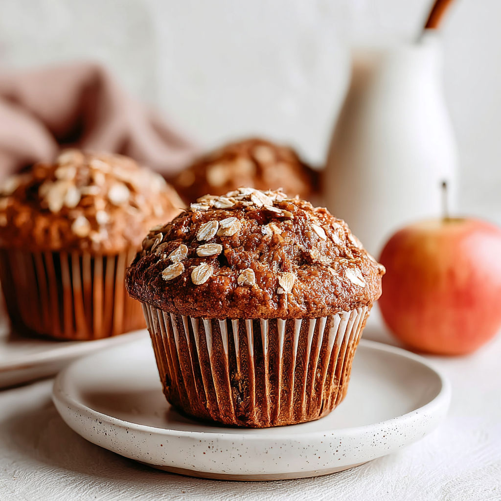 Two muffins with oatmeal and apple toppings.