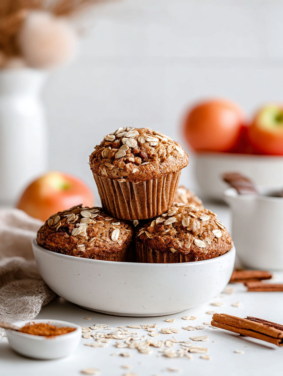 A bowl of oatmeal muffins with a spoon in it.