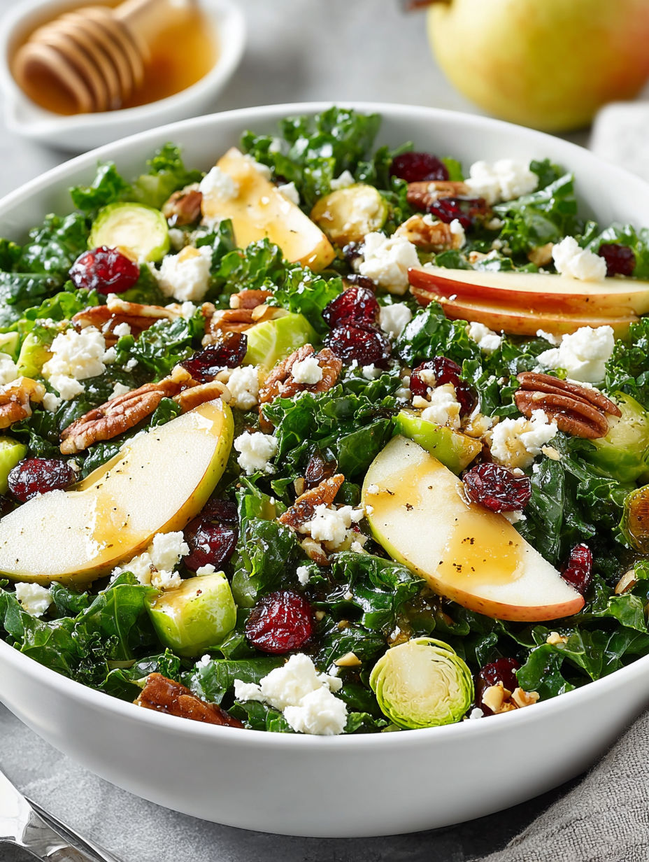 A bowl of salad with apples, pears, and honey dressing.