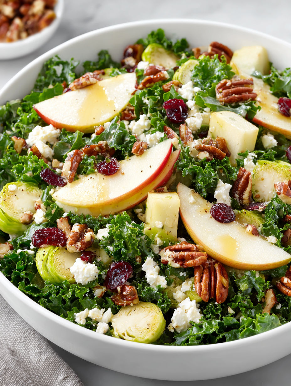 A bowl of salad with apples, pears, and honey dressing.