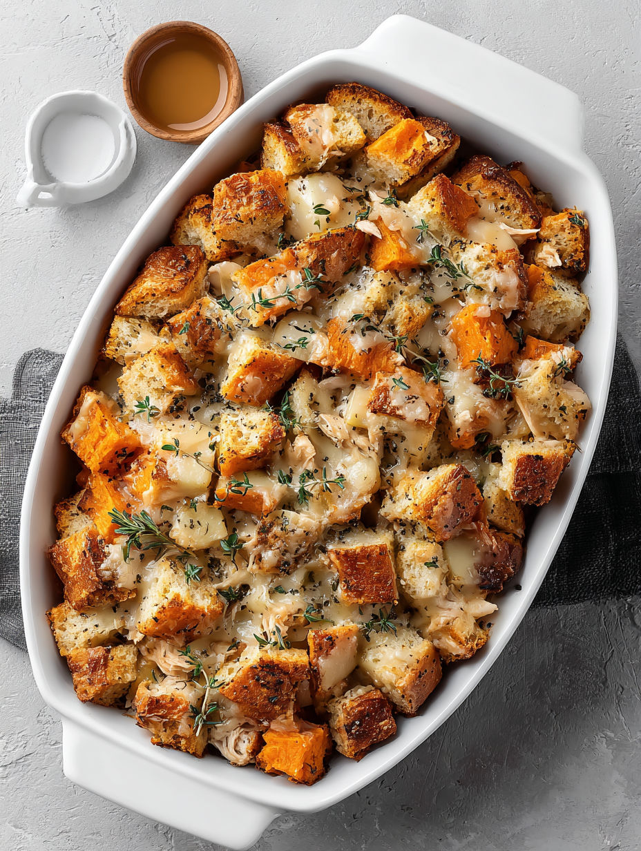A white bowl filled with a sweet potato and apple casserole.