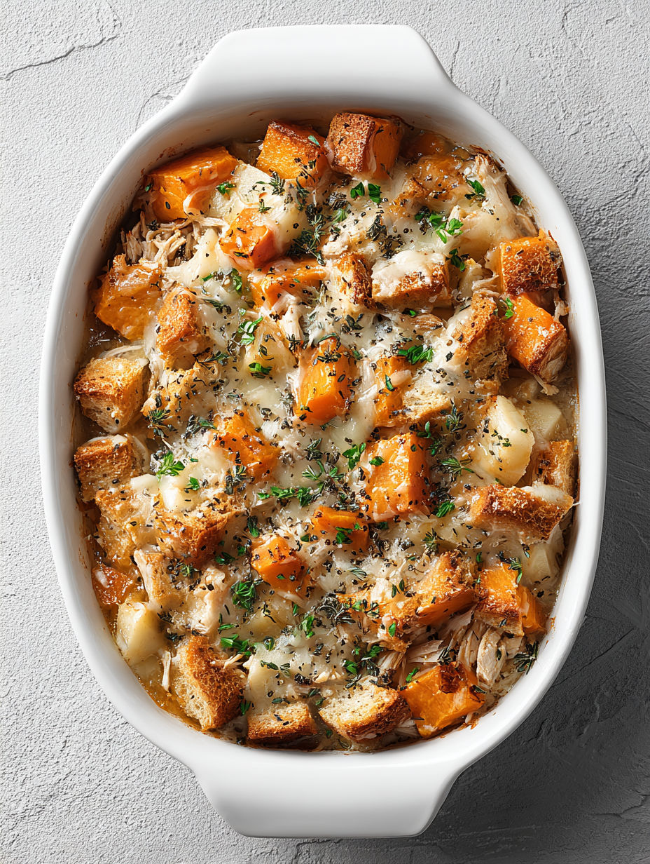 A white bowl filled with a sweet potato and apple casserole.