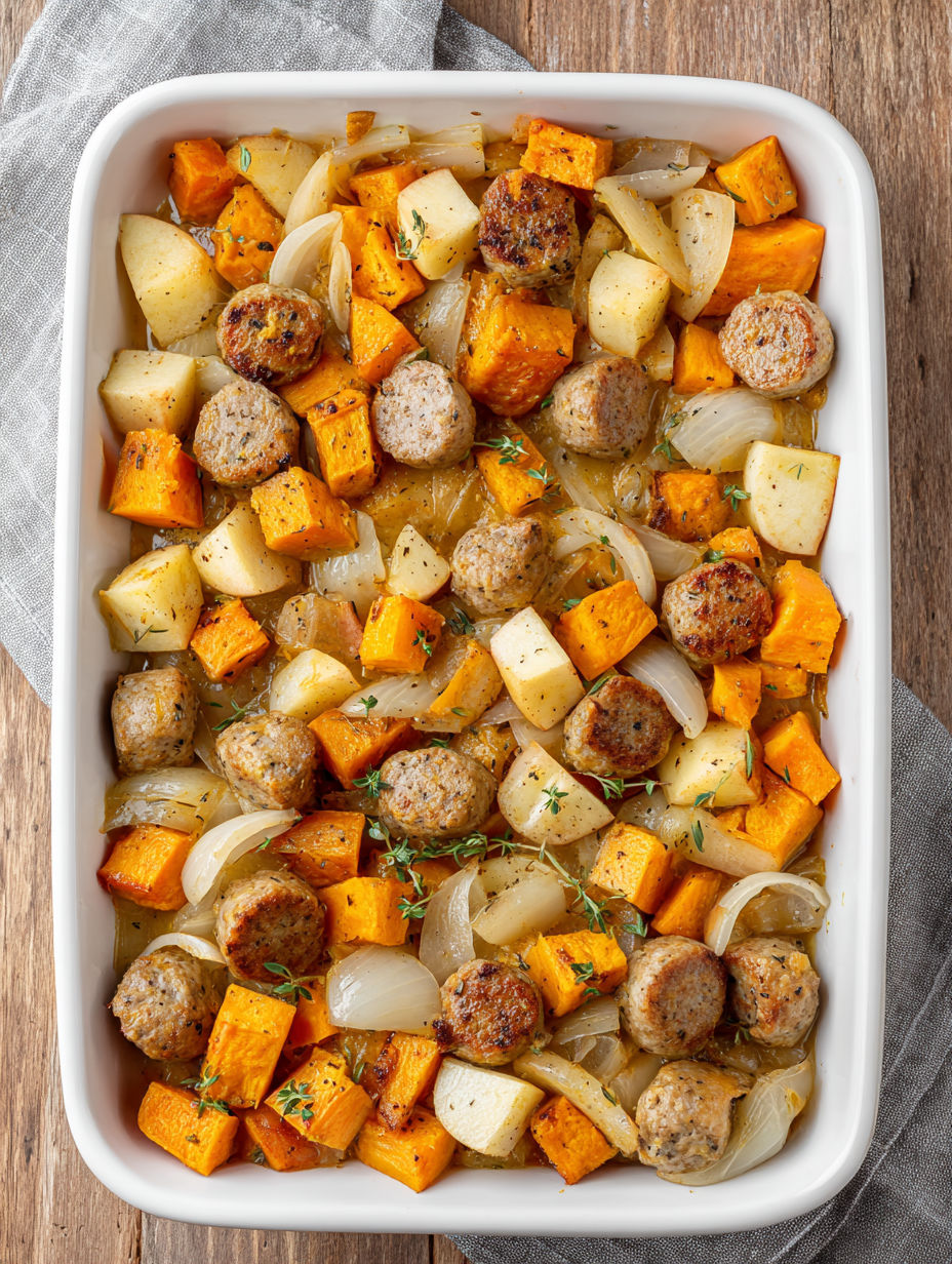 A dish of sausage, sweet potatoes, and onions.