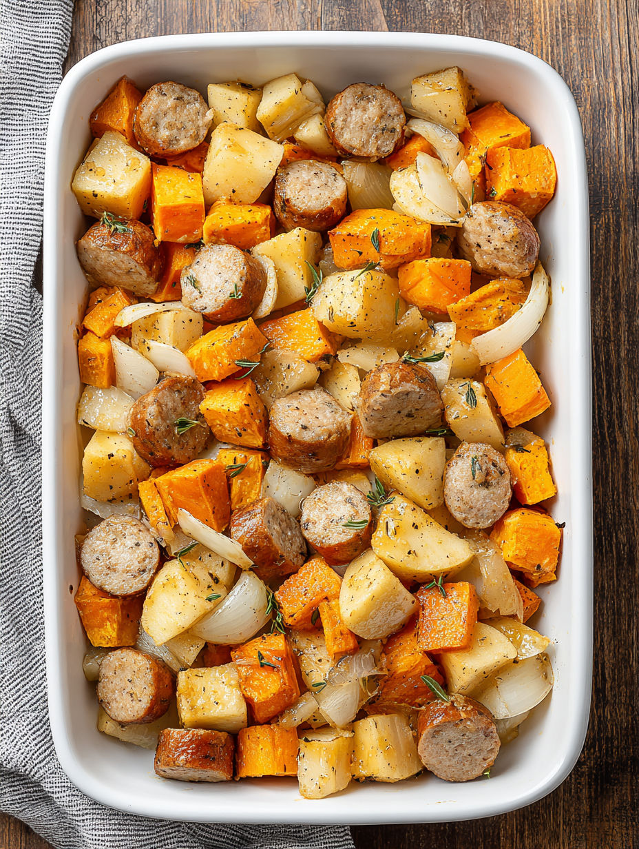 A dish with sausage, sweet potatoes, and apples.