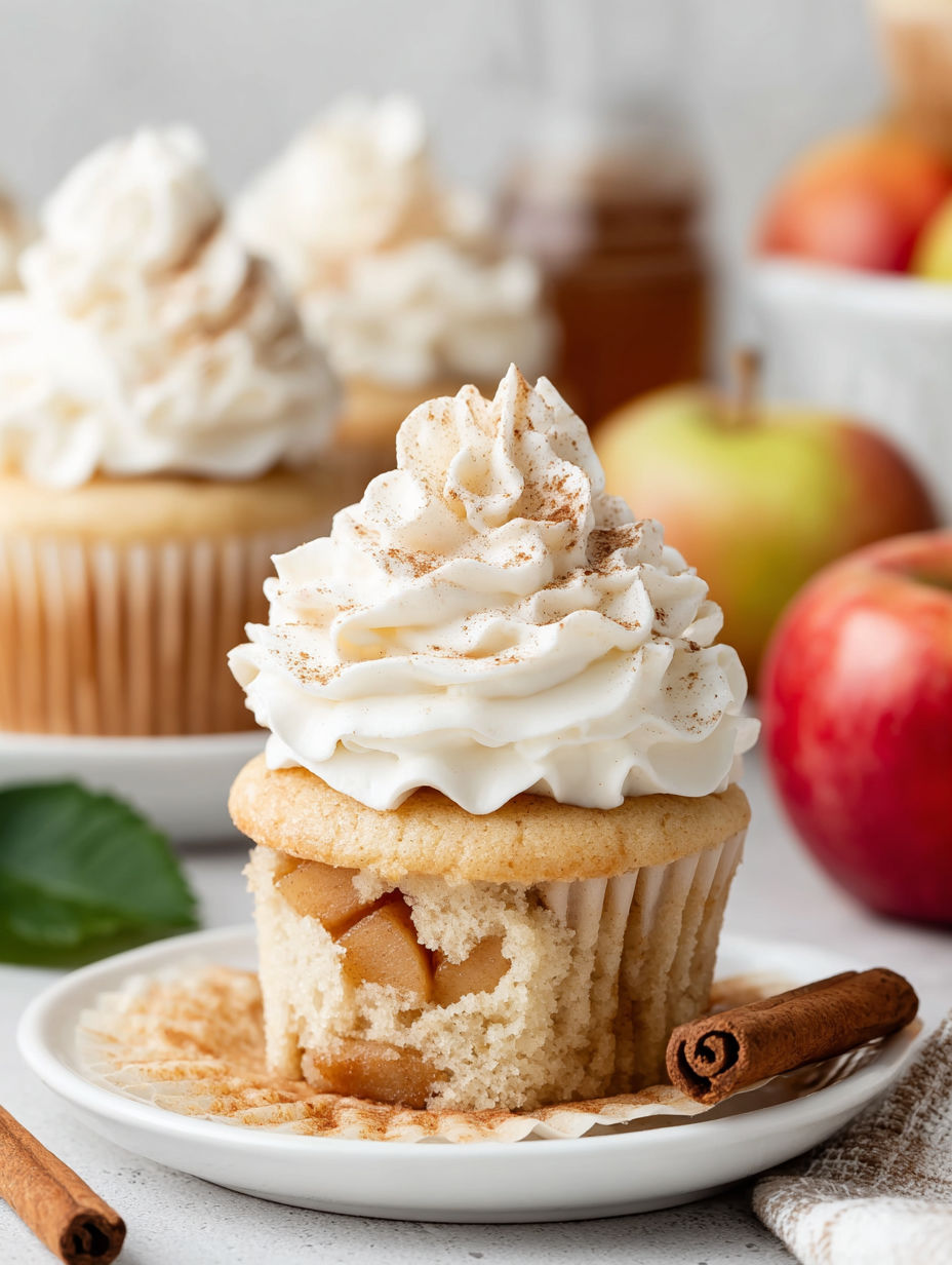 A cupcake with a whipped cream topping and a slice of apple on top.