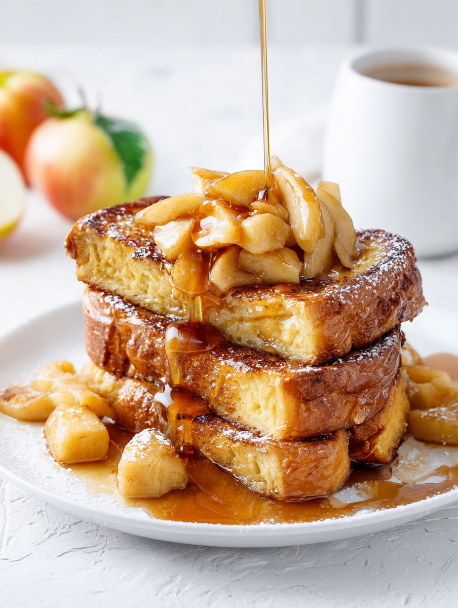 A stack of French toast with syrup and apples.