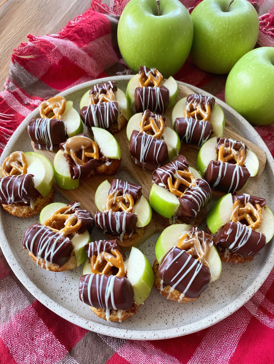 A plate of chocolate covered apples.