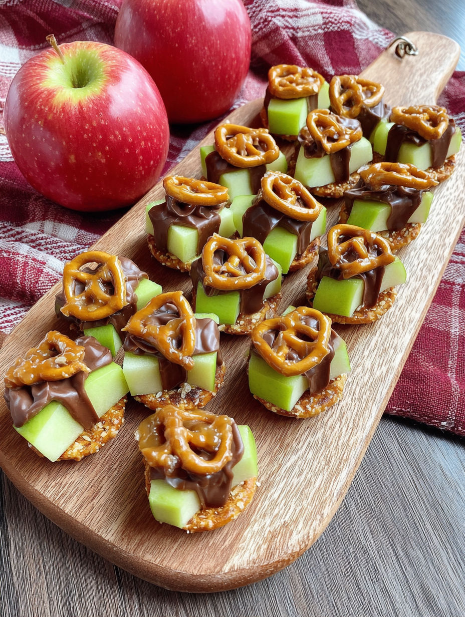 A wooden board with a variety of food items on it.