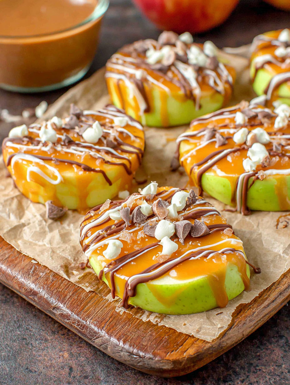 A plate of desserts with caramel and chocolate toppings.