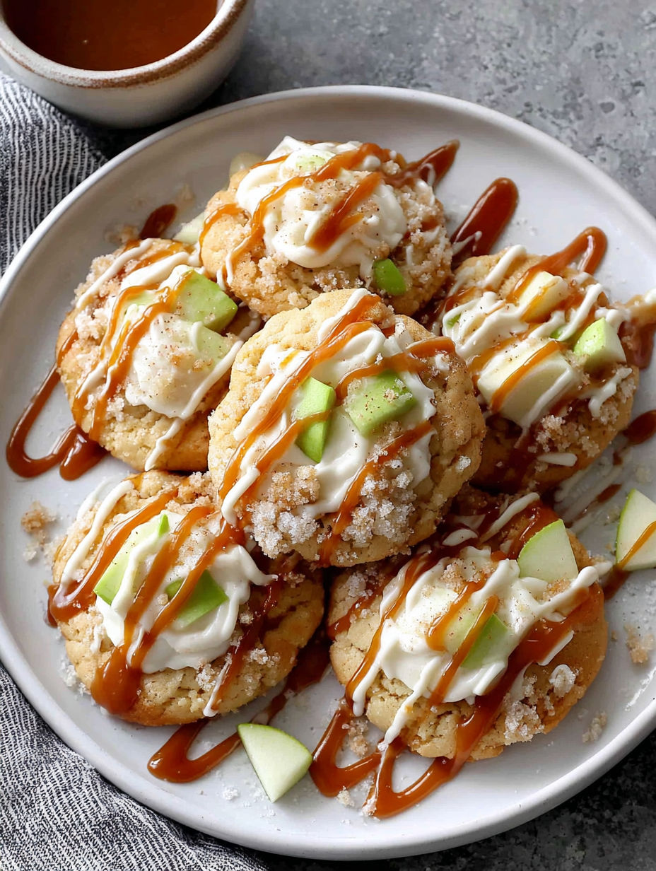 A plate of cookies with caramel drizzled on top.