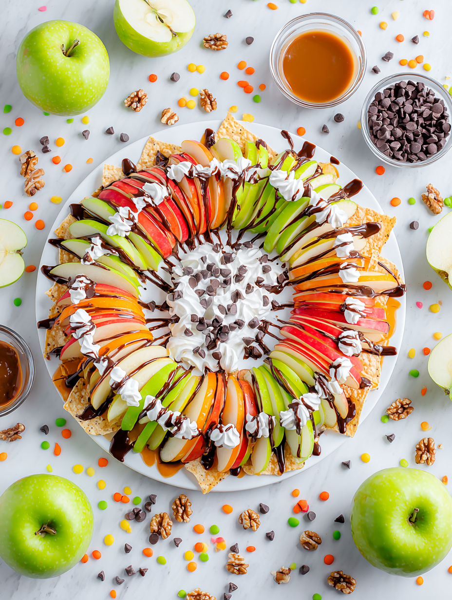 A plate of food with chocolate drizzled on top.