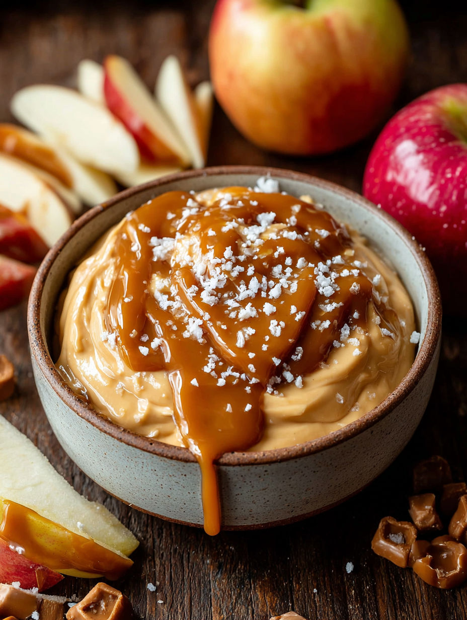 A bowl of applesauce with a drizzle of caramel.