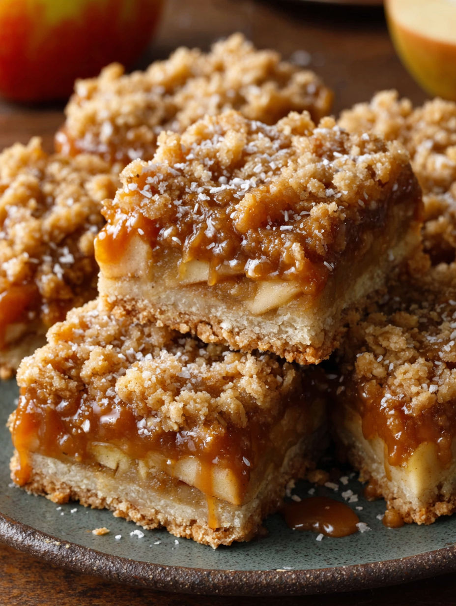 A plate of caramel apple crumble bars.