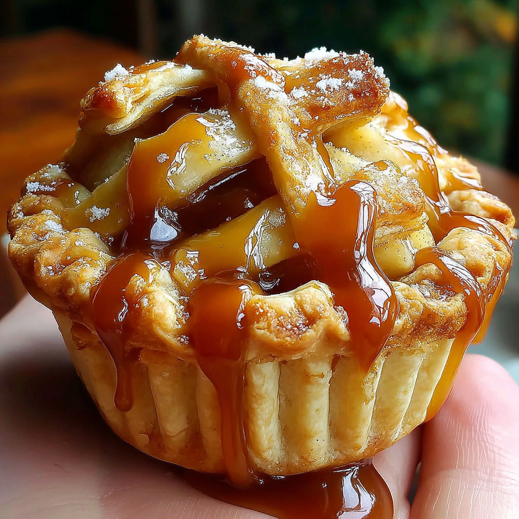 A person holding a small pastry with caramel sauce dripping off of it.