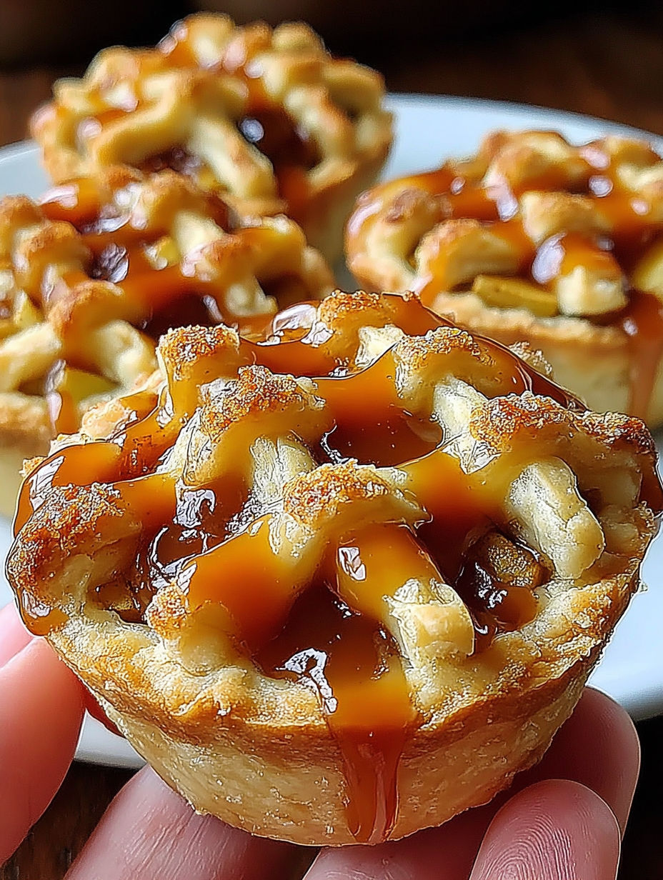 A person is holding a small pastry with caramel sauce on it.