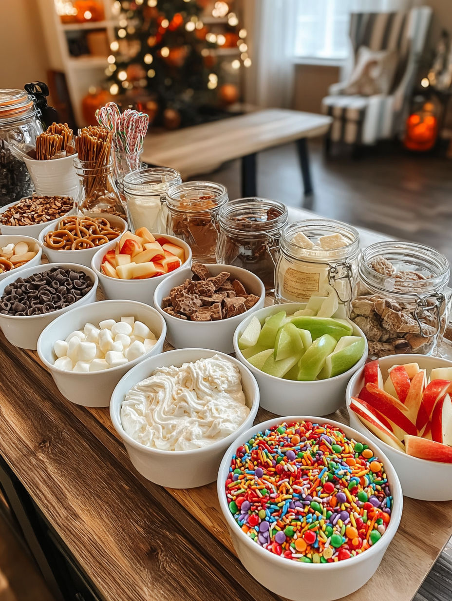 A table full of different foods and drinks.