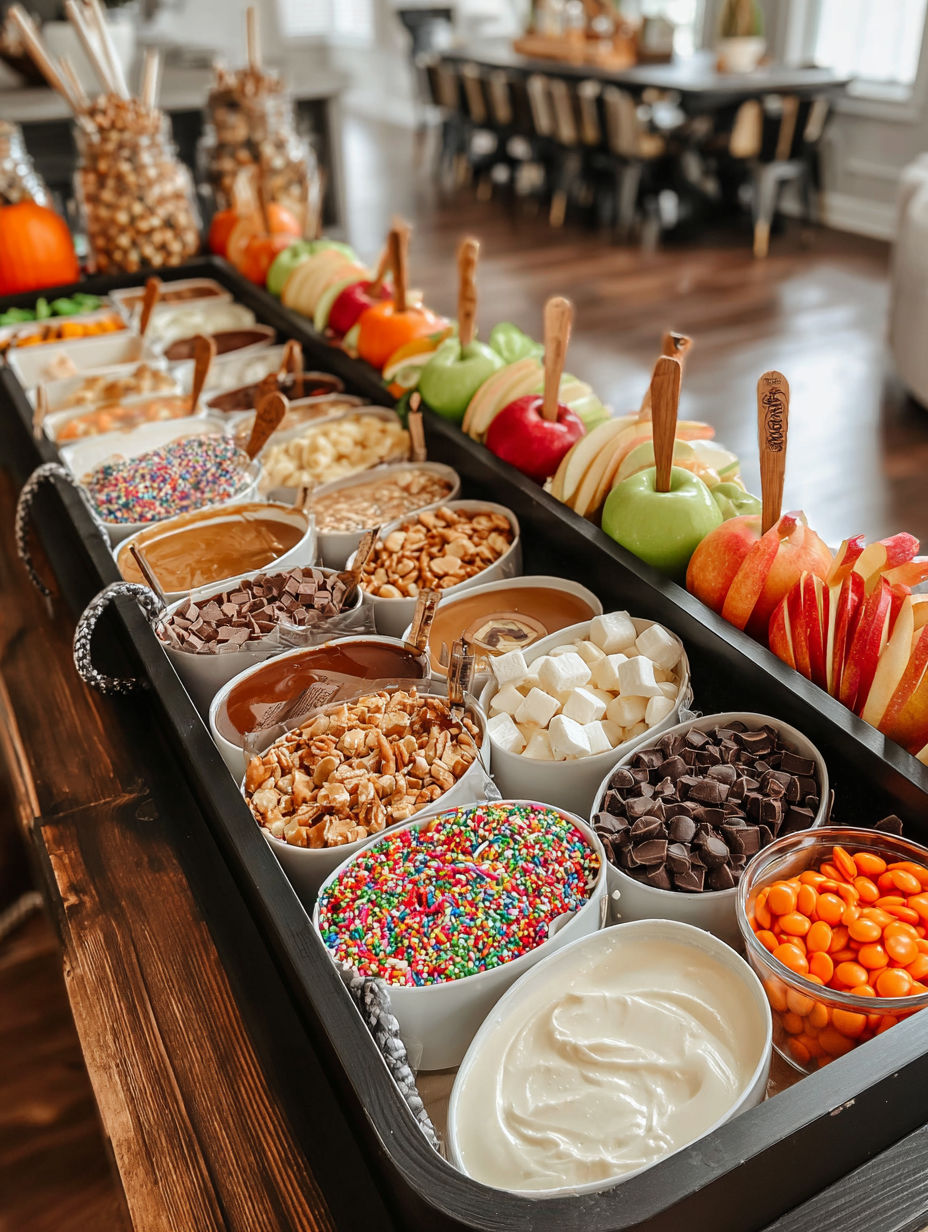 A variety of toppings for caramel apples.