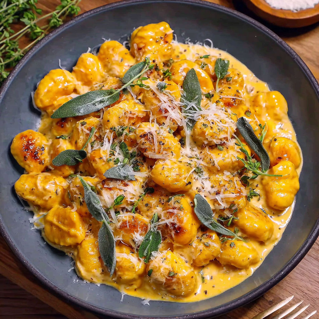 A plate of creamy pumpkin gnocchi.