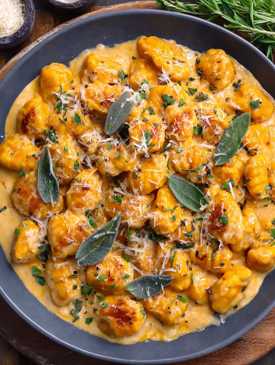 A bowl of creamy pumpkin gnocchi.