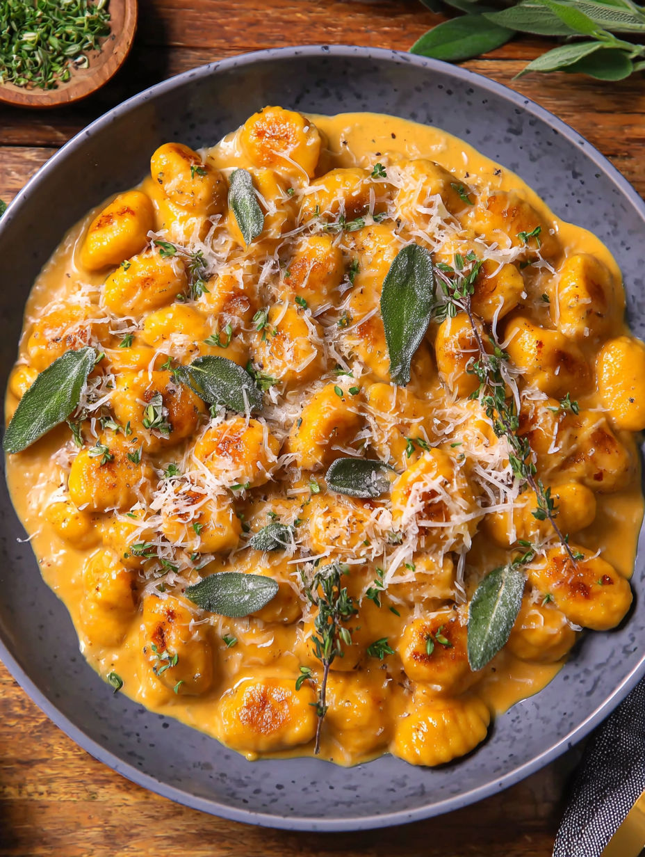 A dish of creamy pumpkin gnocchi.