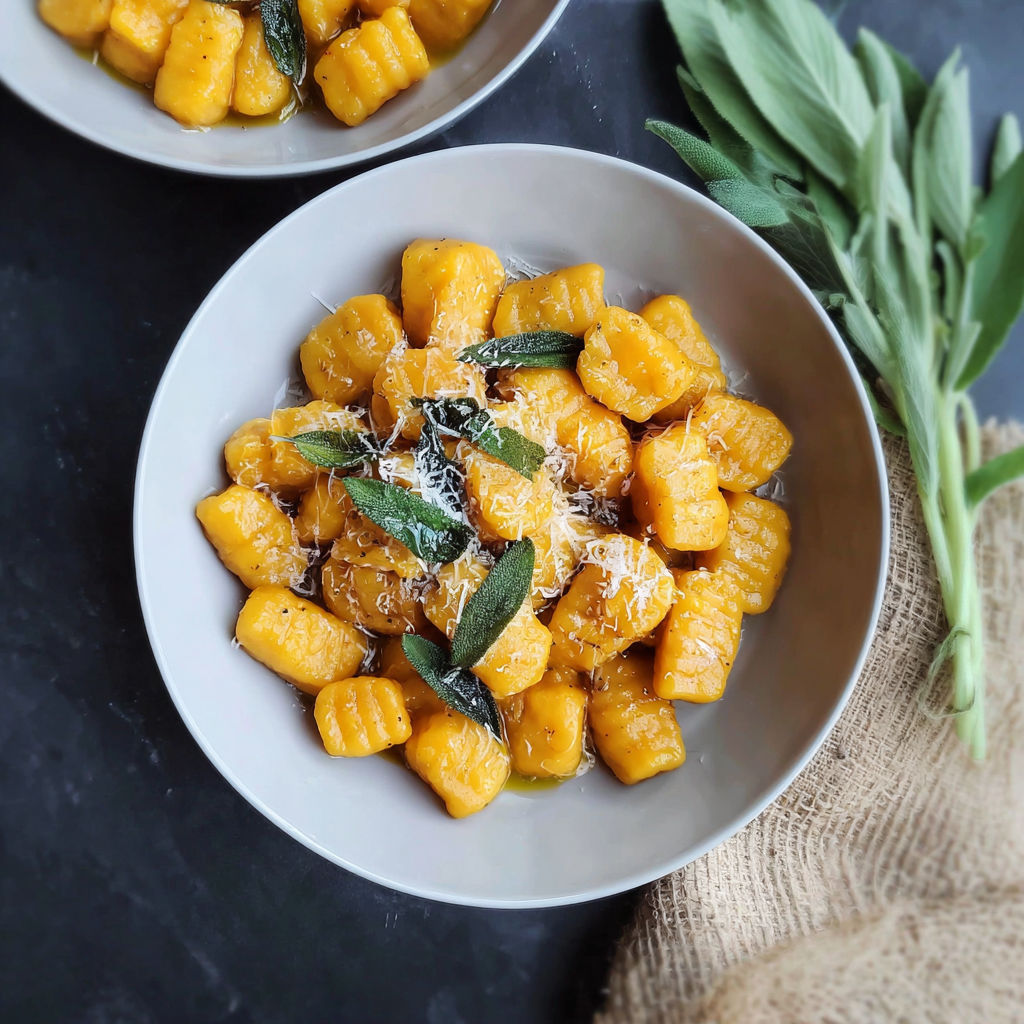 A bowl of pumpkin gnocchi with vegan sage butter.