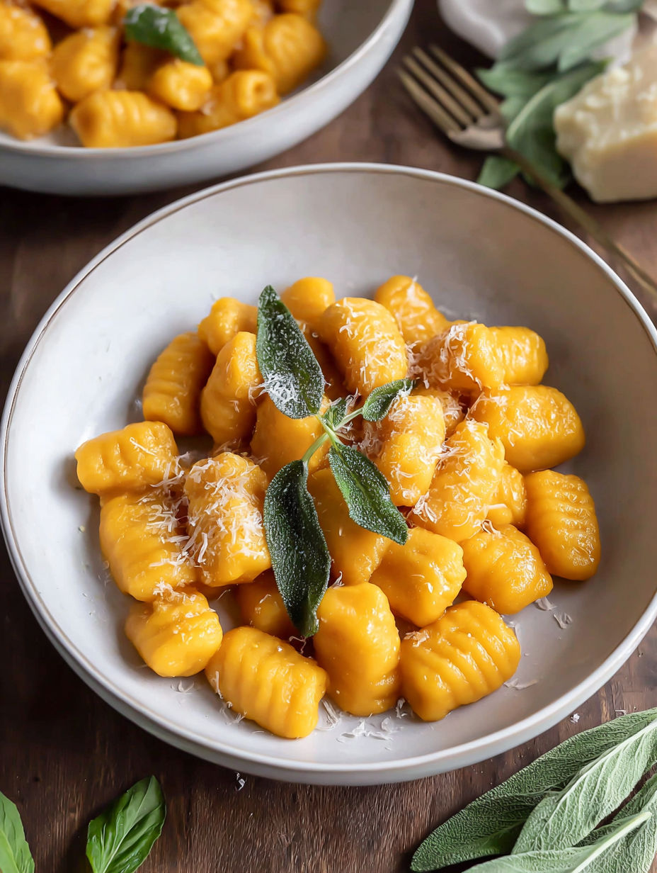 A bowl of pumpkin gnocchi with vegan sage butter.