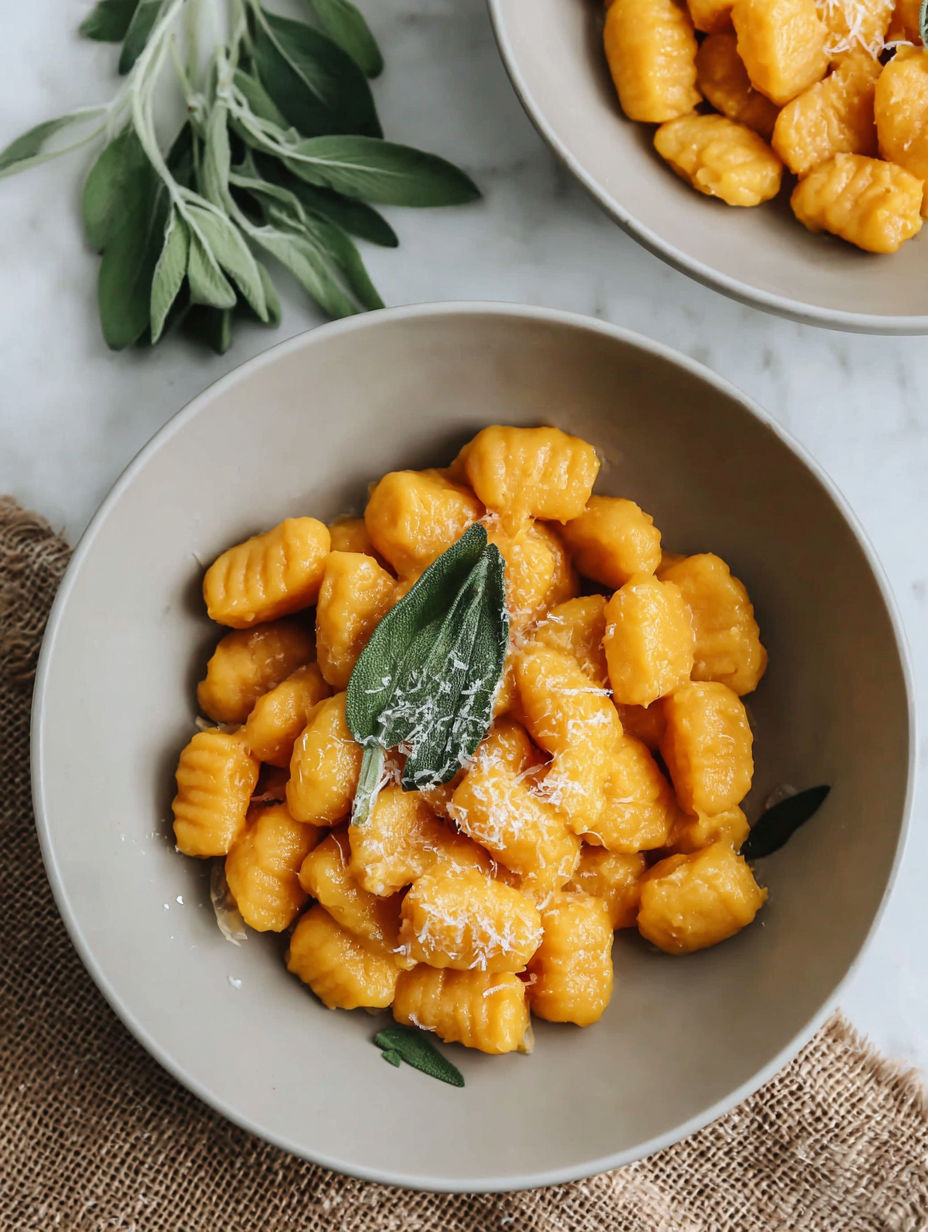 A bowl of pumpkin gnocchi with vegan sage butter.