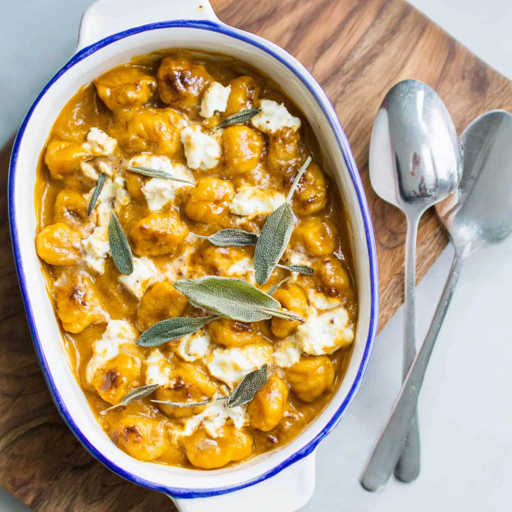 A bowl of pumpkin gnocchi bake with a spoon next to it.