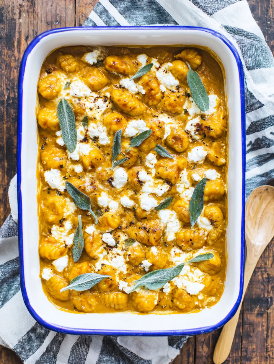 A dish of pumpkin gnocchi bake with cheese and herbs.