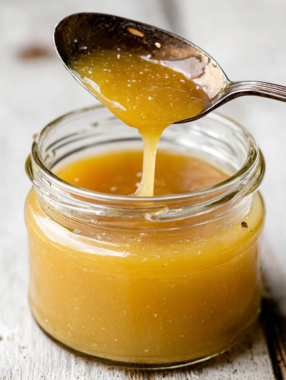 A spoon is in a jar of spiced pear and apple cider reduction dressing.
