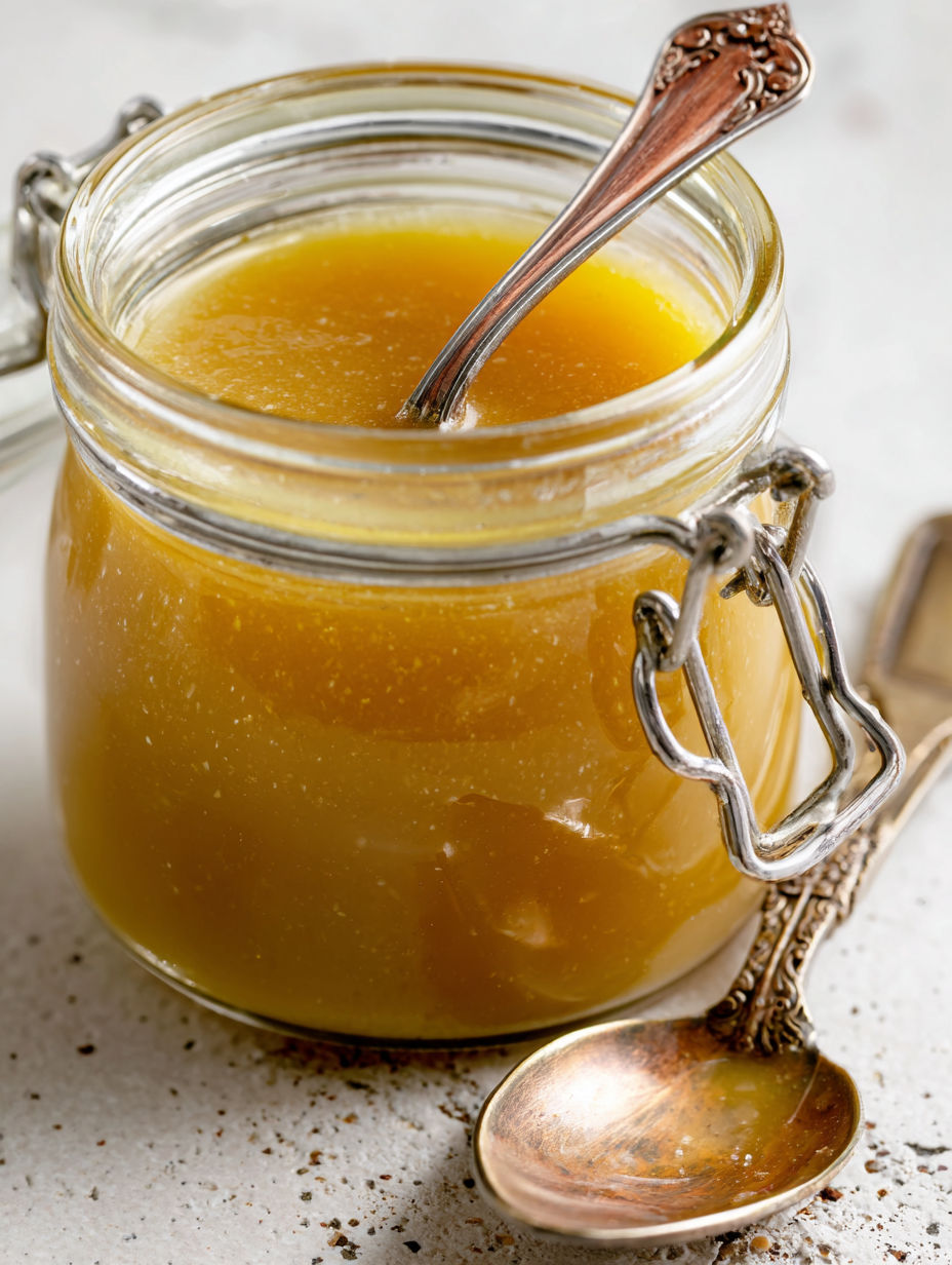 A spoon is in a jar of spiced pear and apple cider reduction dressing.
