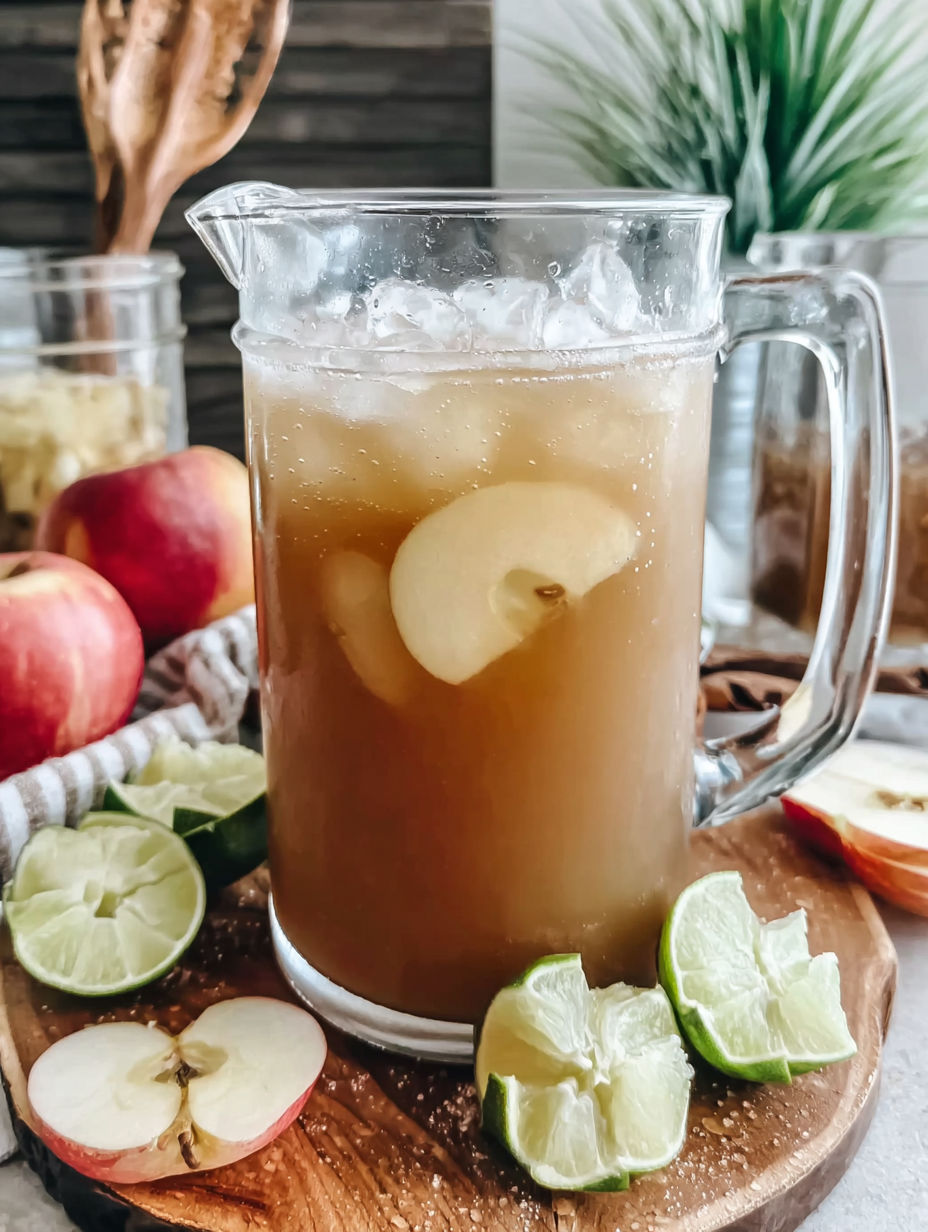 A pitcher of apple cider with lemon and lime slices on top.
