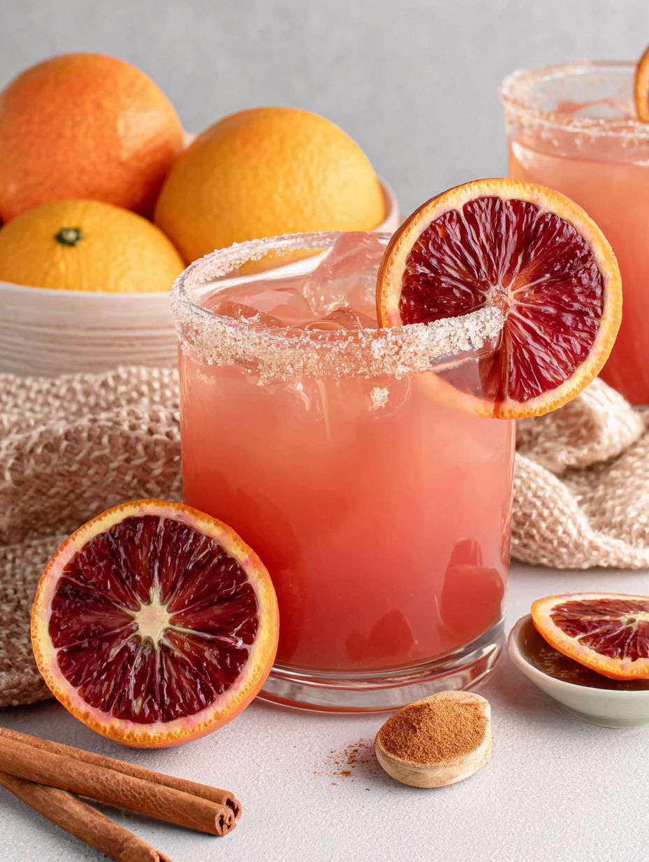 A glass of blood orange margarita with a slice of blood orange.