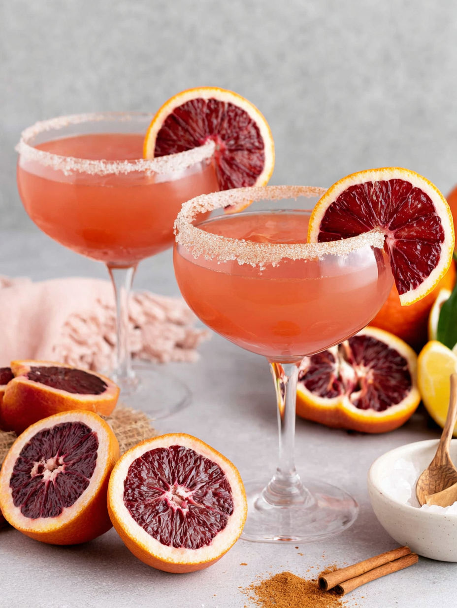 Two glasses of blood orange margarita with orange slices on the side.