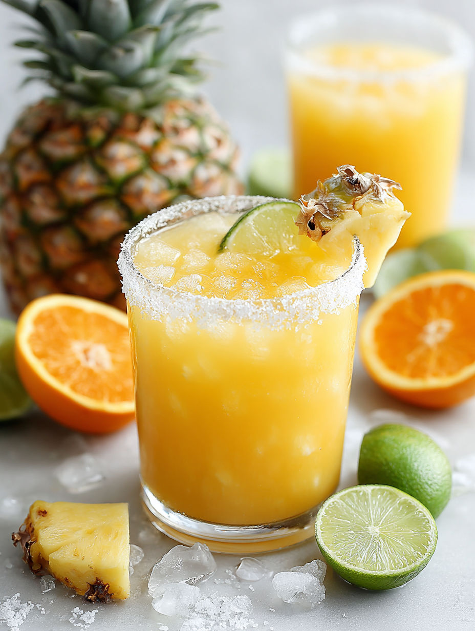 A glass of Cinco De Drinko is on a table with a pineapple and lime.