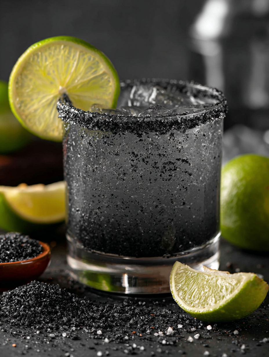 A glass of black margarita with lime slices.