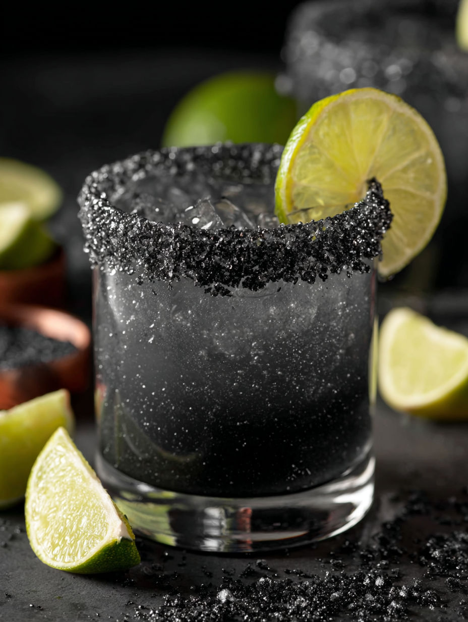 A black margarita with a lime wedge.