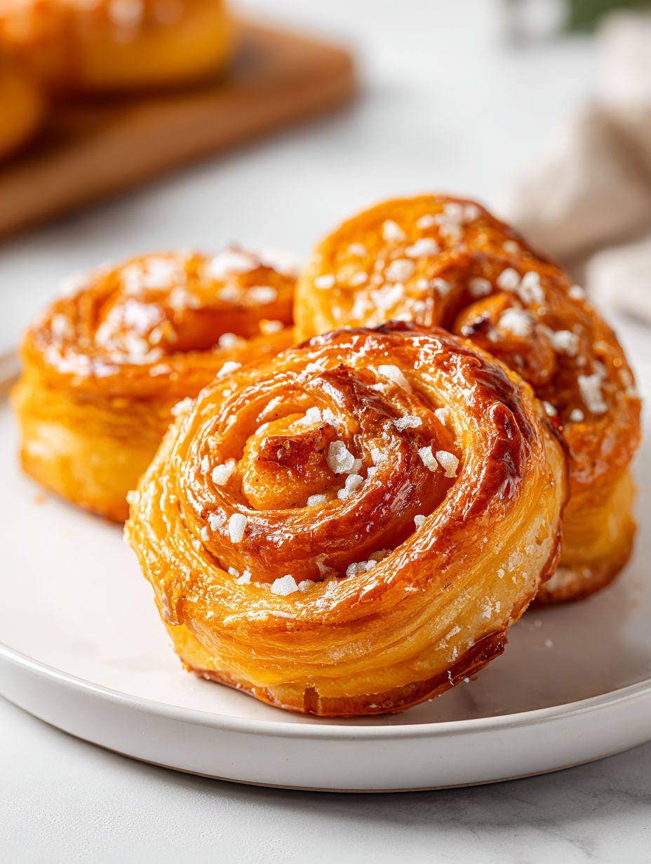 Three pumpkin puff pastry pinwheels on a plate.